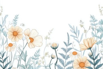 A decorative border design featuring a series of stylized floral and botanical elements--a mix of daisies, vines, and ferns--drawn in continuous line style.