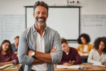 A happy male professor stands in front of students during class, teaching at a university or college classroom.