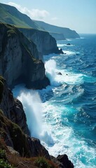 Dramatic Ocean Waves Crashing on Rocky Coastline Vibrant Blue Water, Whitewater, Sea Spray, Rugged Cliffs, Coastal Scene