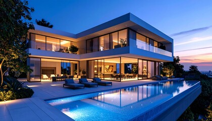 Obraz premium Luxury Modern Villa at Dusk: Infinity Pool and Breathtaking Views