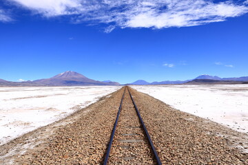 Railroad tracks in the salar de Chiguana, Potosi department, Bolivia
