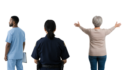 Rear view of a male nurse, a female police officer, and a senior woman with open arms. Diverse essential workers and community concept on a transparent background.