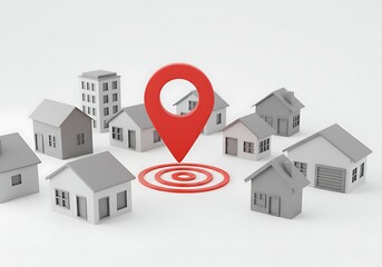 Red location pin centered on target amidst miniature houses and building on white background scene