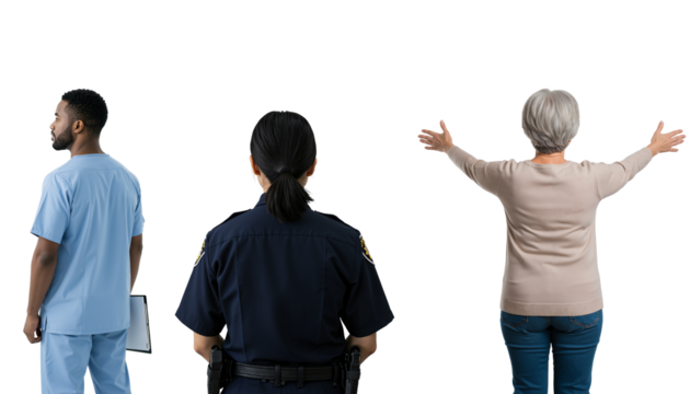 Rear view of a male nurse, a female police officer, and a senior woman with open arms. Diverse essential workers and community concept on a transparent background.