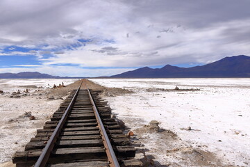 Railroad tracks in the salar de Chiguana, Potosi department, Bolivia
