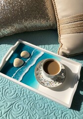 Beach-Themed Tray with Seashells & Coffee