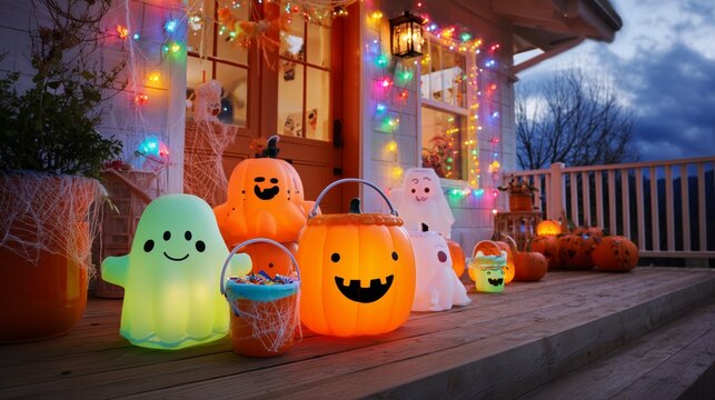 Colorful and Fun Halloween Porch Decorations with Pumpkins and Ghosts