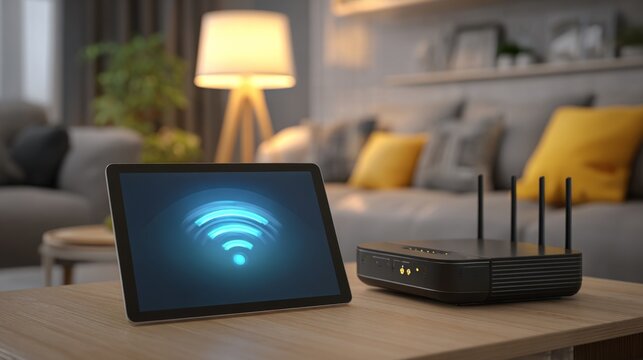 A cozy living room scene featuring a tablet displaying a strong Wi-Fi signal, with a modern router in the background, emphasizing home connectivity.