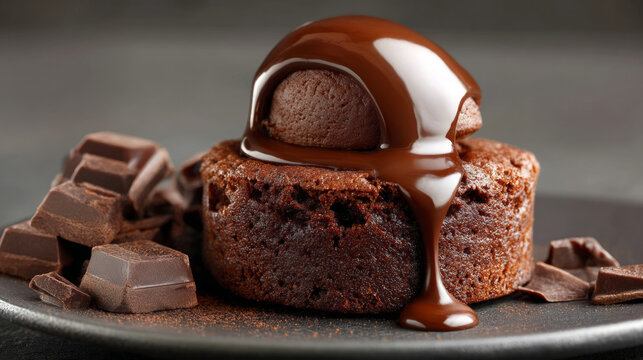 Chocolate dessert with melting chocolate sauce and chocolate pieces on plate, rich and indulgent treat - Powered by Adobe