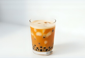 Glass of brown sugar milk tea with tapioca pearls (boba), placed on white background with soft natural lighting. Trendy and minimal drink setup for beverage branding and lifestyle content.