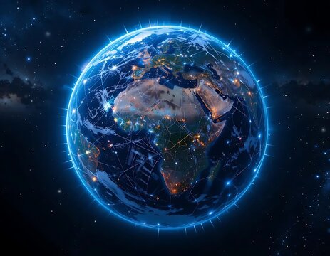 Conceptual image of Earth from space with glowing digital lines representing global data connectivity, stars and deep space background
