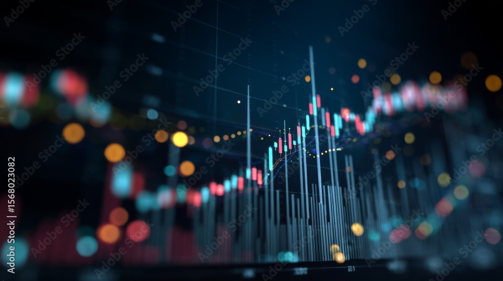 Poster a detailed financial chart with upward-trending lines on a digital screen, surrounded by glowing dat