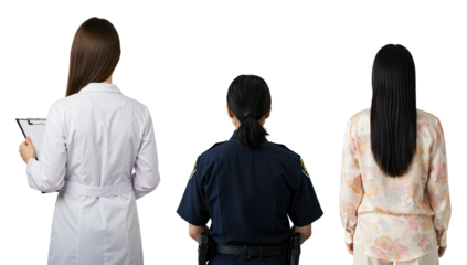 Back view of three women from different professions. A female doctor in a lab coat, a policewoman in uniform, and a civilian woman standing together against a transparent background.