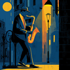 Jazz saxophonist playing under streetlight in moody night city alley, retro style urban music scene illustration with vibrant colors and shadow play
