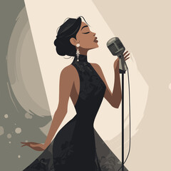 Elegant female jazz singer performing with vintage microphone, glamorous stage illustration in retro style with spotlight and classic black dress