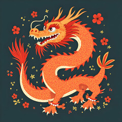 Stylized Dragon Illustration with Floral Elements on Dark Background