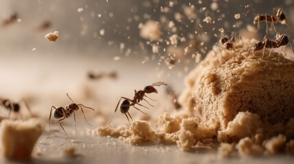 Fototapeta premium A detailed image of ants crawling on a crumb of food on a kitchen counter, capturing their movement and interaction with the environment.