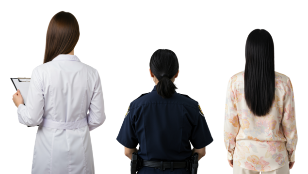 Back view of three women from different professions. A female doctor in a lab coat, a policewoman in uniform, and a civilian woman standing together against a transparent background.