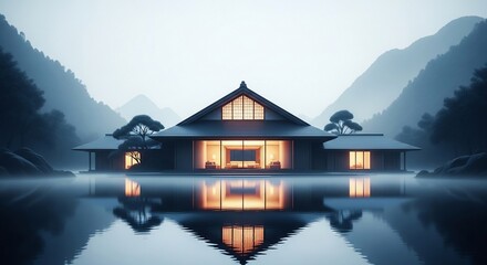 Fototapeta premium Tranquil Japanese House Reflection on Lake