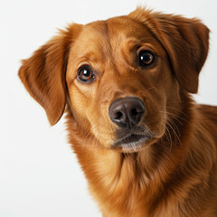 Adorable golden retriever puppy portrait with curious eyes on white background.