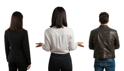 Group of three people, two women and a man, seen from the back. Anonymous individuals standing against a transparent background.
