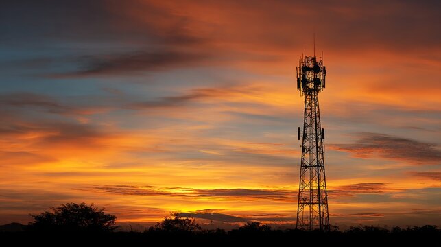 A dramatic sunset silhouette of a cell phone tower, with warm colors in the sky creating a stunning backdrop, symbolizing the intersection of nature and technology. - Powered by Adobe