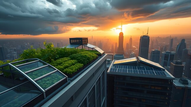 Sunset view from rooftop garden in New York City with skyscrapers and stormy clouds in the background - Powered by Adobe