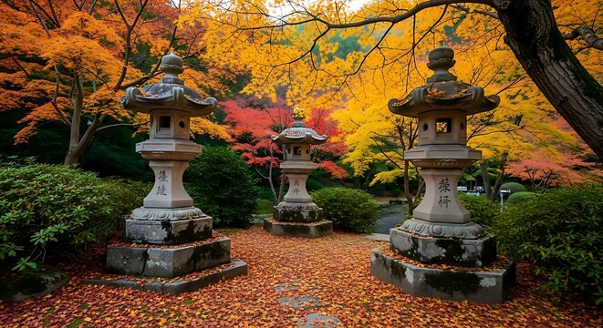 Autumn foliage displays vibrant colors in a serene Japanese garden featuring stone lanterns among fallen leaves.