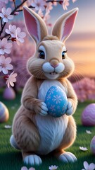 Cute rabbit holds a decorated egg among blooming cherry blossom trees during springtime festivities vertical