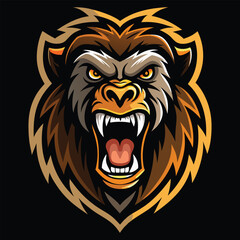 Fierce gorilla head mascot with open mouth and sharp teeth aggressive expression stylized illustration isolated on transparent background