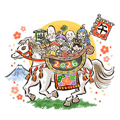 干支の午（馬）に乗った七福神の手描きイラスト　背景あり　2026年