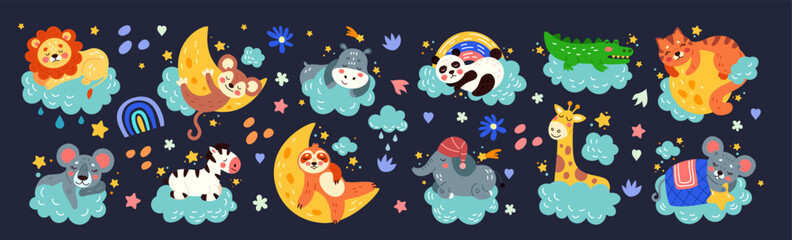 Obraz premium Cute animal sleeping. Baby dream pattern. Cartoon kid lion and hippo. Sweet koala on moon. Sloth in hammock on cloud. Sleepy elephant on star. Children illustrations set. Vector childish tidy drawing
