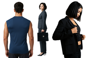 Three diverse people isolated on transparent background. A muscular man from behind, a professional businesswoman, and a stylish young woman.