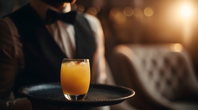 Cocktail tray carried by waiter in a luxury lounge