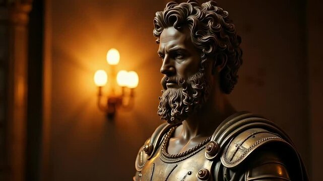 Bronze sculpture of a stoic philosopher in a grand hall, highlighting intricate details and the wisdom etched on his face, capturing a timeless sense of knowledge.