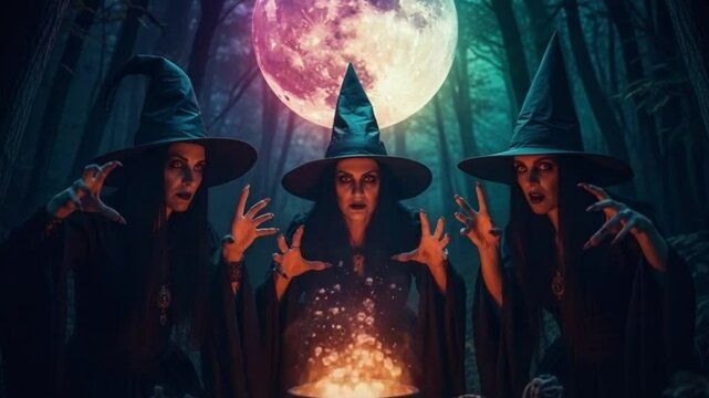 Three witches in a forest conjuring magic under a full moon with spellbound energies 4K Ai HD video.

