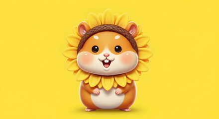 Cute Cartoon Hamster with Sunflower Costume on Bright Yellow Background