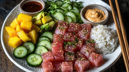 Colorful poke bowl arrangement with ruby red tuna cubes, cucumber rounds, golden mango pieces, creamy avocado and steamed rice on premium ceramic dish