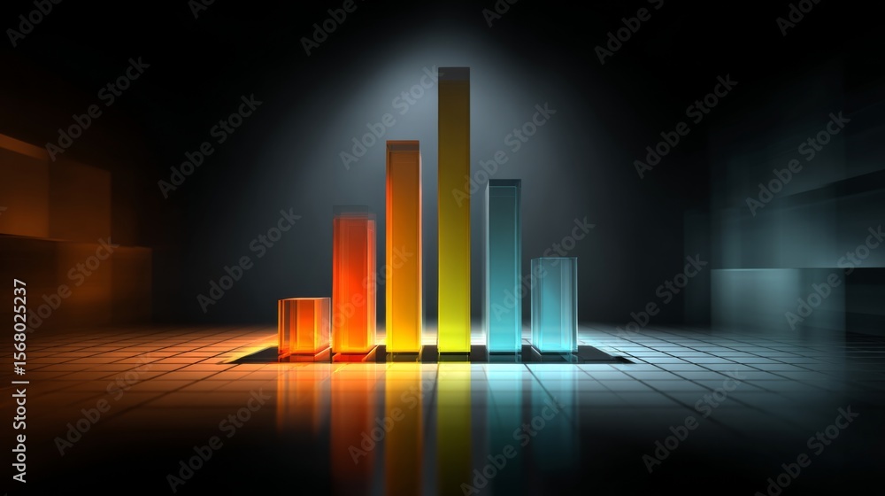 Poster a financial dashboard displaying a d bar graph with colorful rising bars, set against a dark backgro
