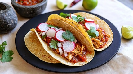 Chicken tinga tacos on black plate with corn tortillas, shredded chicken in red sauce, garnished with sliced radishes and fresh cilantro