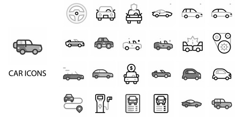 Car simple concept 24 hand drawn Grew color icons set .Vector illustration.