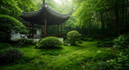 Serene Chinese garden presents a traditional pagoda surrounded by lush green vegetation and tranquil forest views