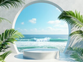 high resolution image of 3d render podium with tropical beach background product display presentation scene with summer sea ocean waves and palm leaves high detail 8k