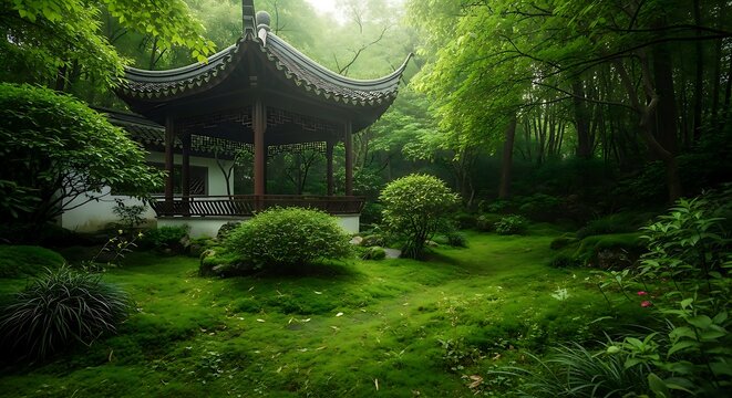 Serene Chinese garden presents a traditional pagoda surrounded by lush green vegetation and tranquil forest views
