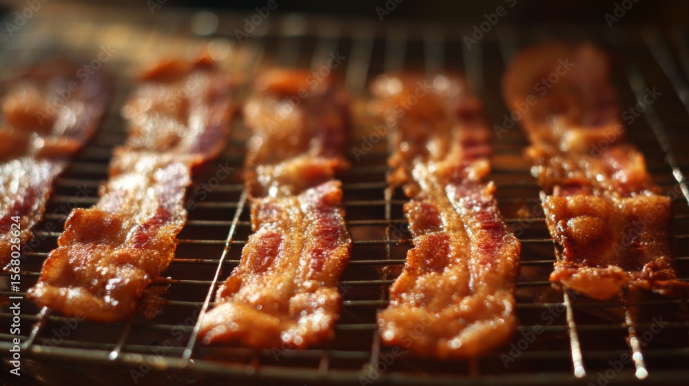 Poster a fresh batch of bacon strips cooling on a wire rack, with soft lighting highlighting the texture an