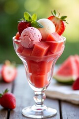 Frisches Sommerdessert mit Erdbeereis Wassermelone und Vanillekugel im Glas auf Gartentisch serviert