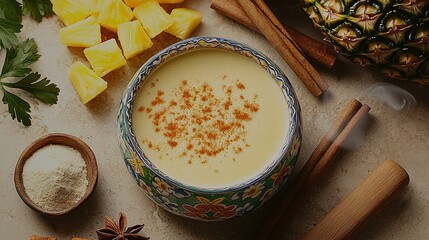 Creamy pineapple atole served in colorful talavera bowl surrounded by fresh pineapple pieces, cinnamon sticks, and wooden molinillo on textured stone background, top-down view