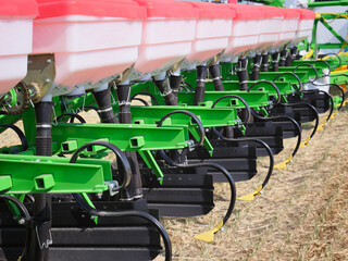 Close-up of agricultural equipment for sowing grain crops.