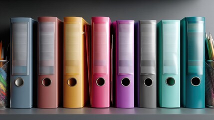 Organizational action with colorful binders in a modern office setting focused on document management strategies