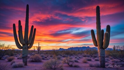 A vibrant desert sunset highlighting cacti and mountains.